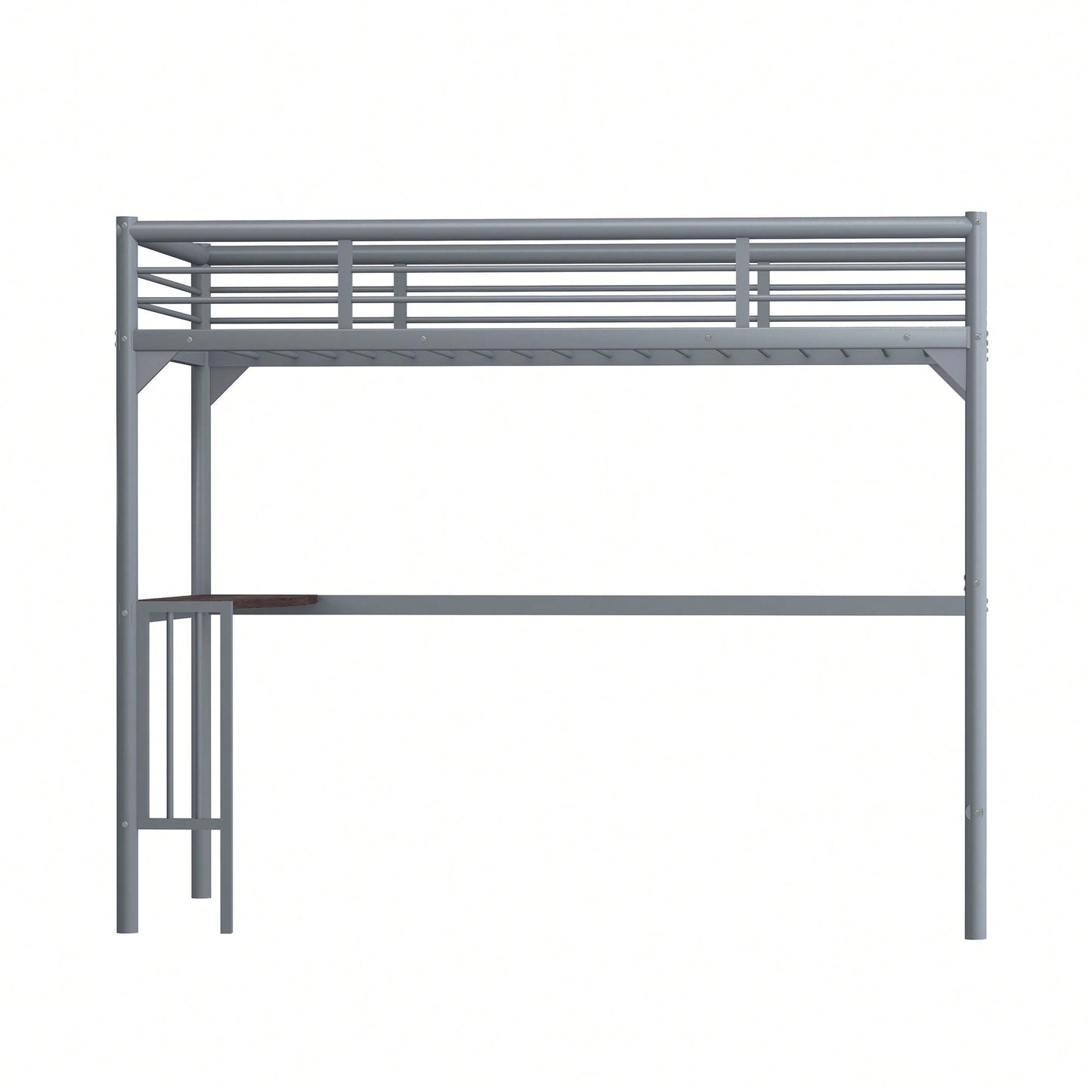 Loft Bed With Desk And Ladder, Silver Finish, Space-Saving Design With Guardrails And Under-Bed Book Desk