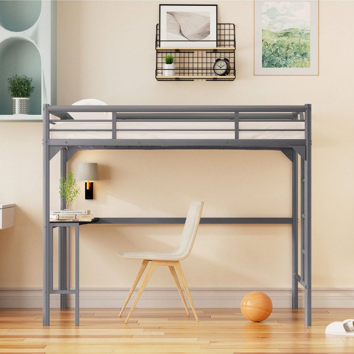 Loft Bed With Desk And Ladder, Silver Finish, Space-Saving Design With Guardrails And Under-Bed Book Desk