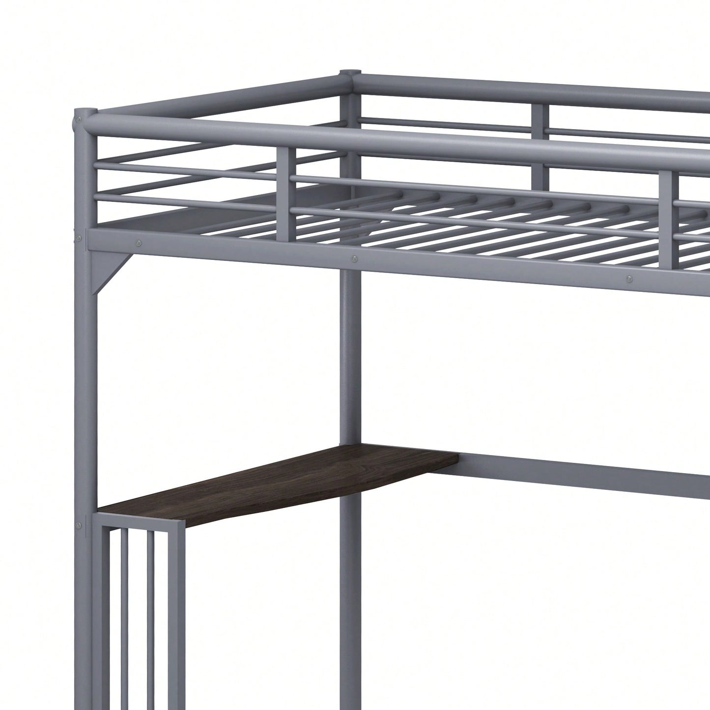 Loft Bed With Desk And Ladder, Silver Finish, Space-Saving Design With Guardrails And Under-Bed Book Desk