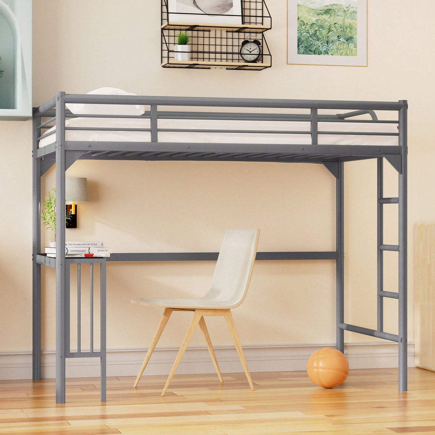 Loft Bed With Desk And Ladder, Silver Finish, Space-Saving Design With Guardrails And Under-Bed Book Desk