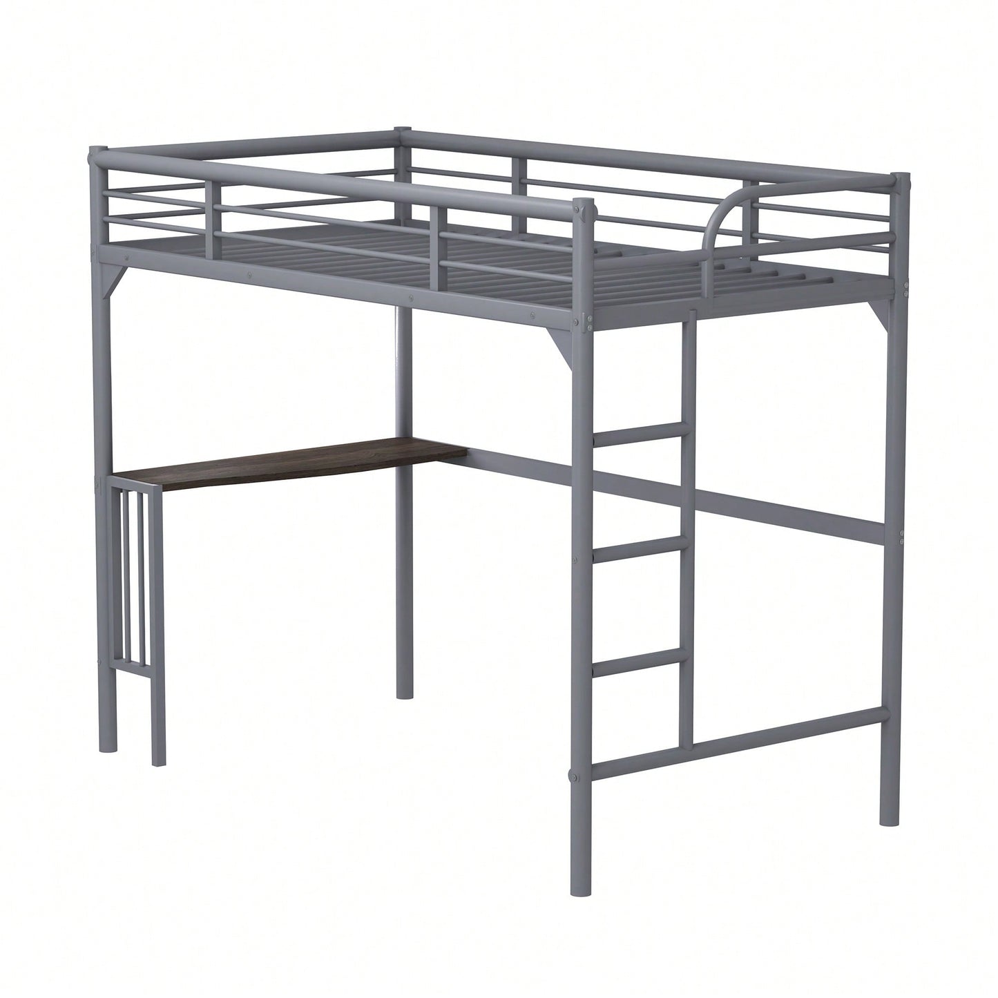 Loft Bed With Desk And Ladder, Silver Finish, Space-Saving Design With Guardrails And Under-Bed Book Desk