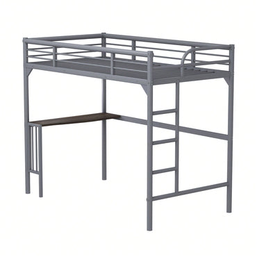Loft Bed With Desk And Ladder, Silver Finish, Space-Saving Design With Guardrails And Under-Bed Book Desk