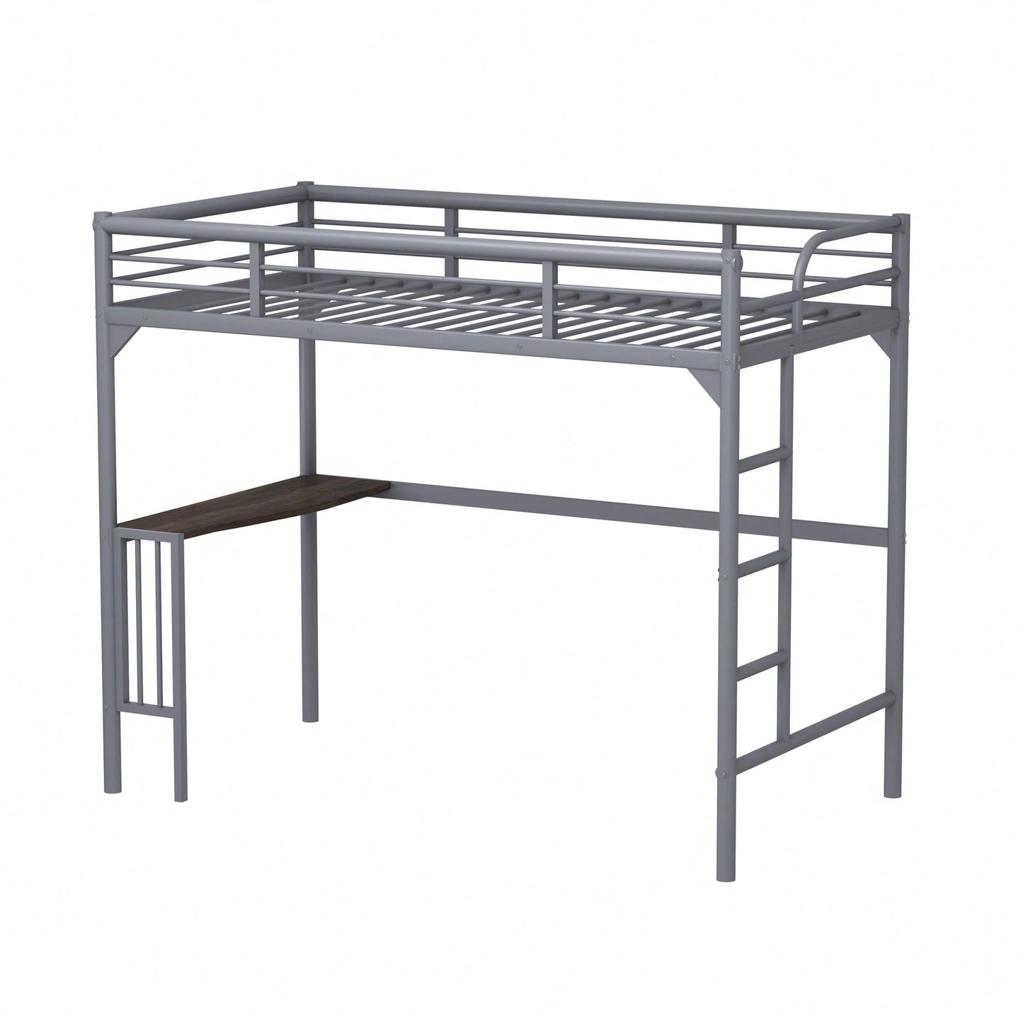 Loft Bed With Desk And Ladder, Silver Finish, Space-Saving Design With Guardrails And Under-Bed Book Desk