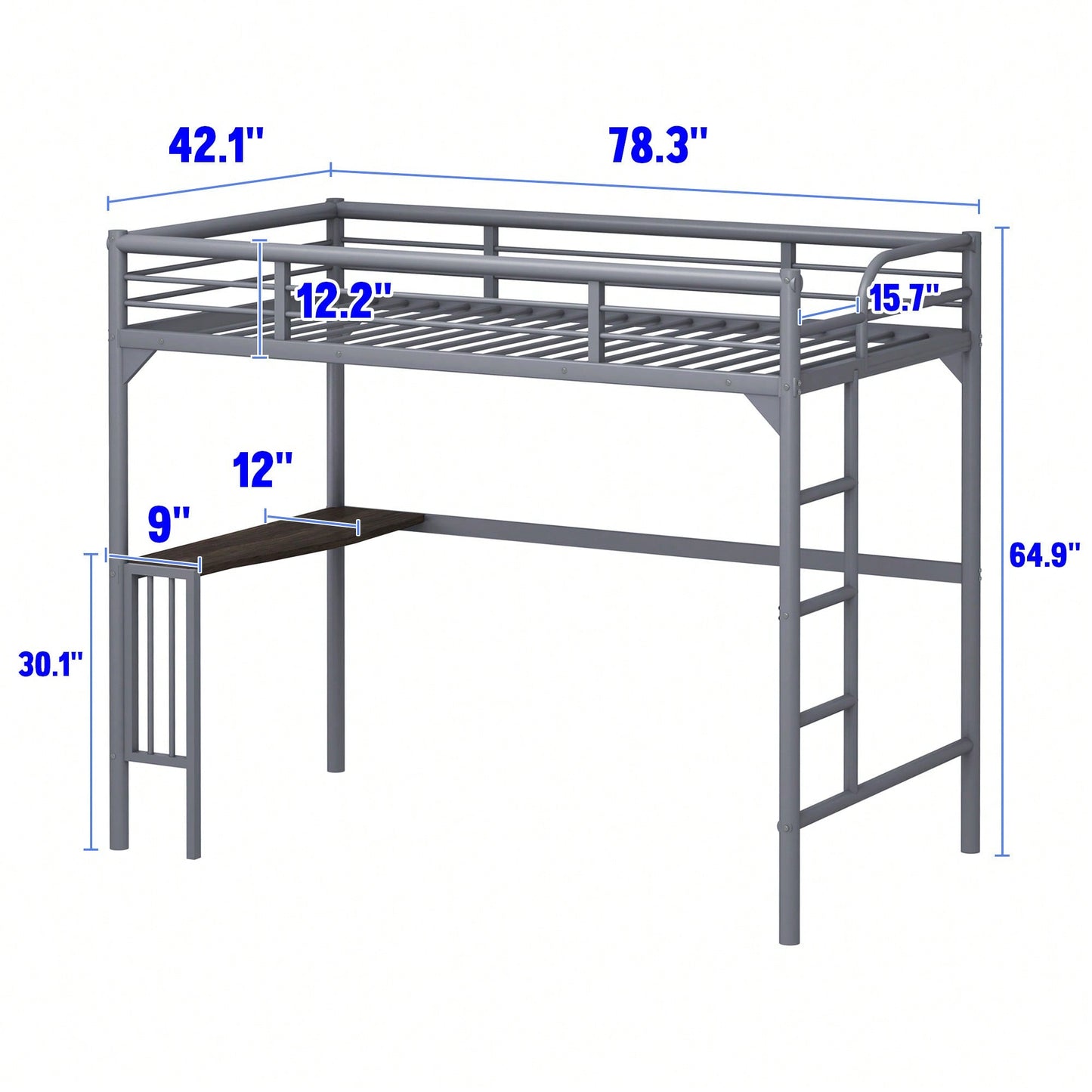 Loft Bed With Desk And Ladder, Silver Finish, Space-Saving Design With Guardrails And Under-Bed Book Desk