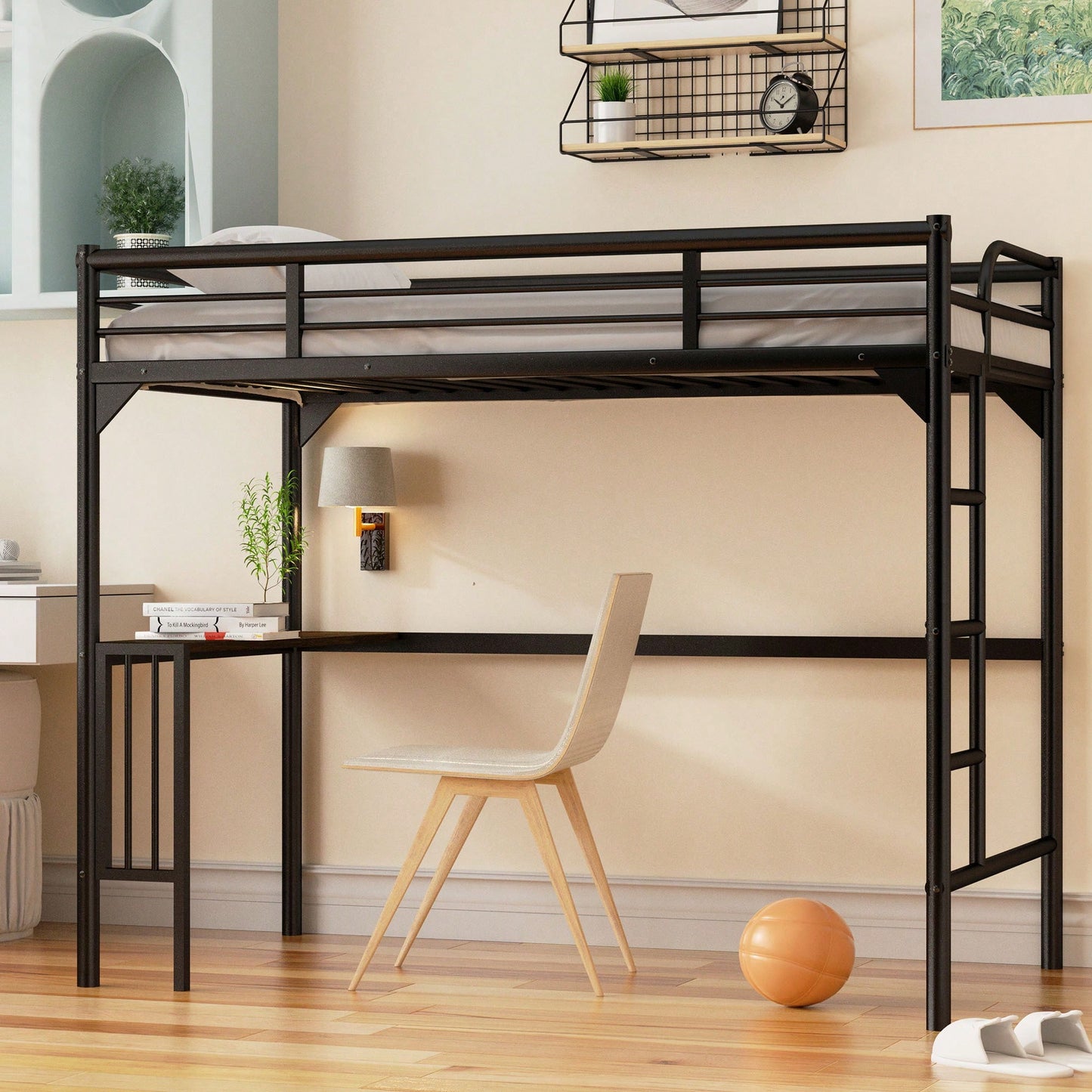 Loft Bed With Desk And Ladder, Silver Finish, Space-Saving Design With Guardrails And Under-Bed Book Desk