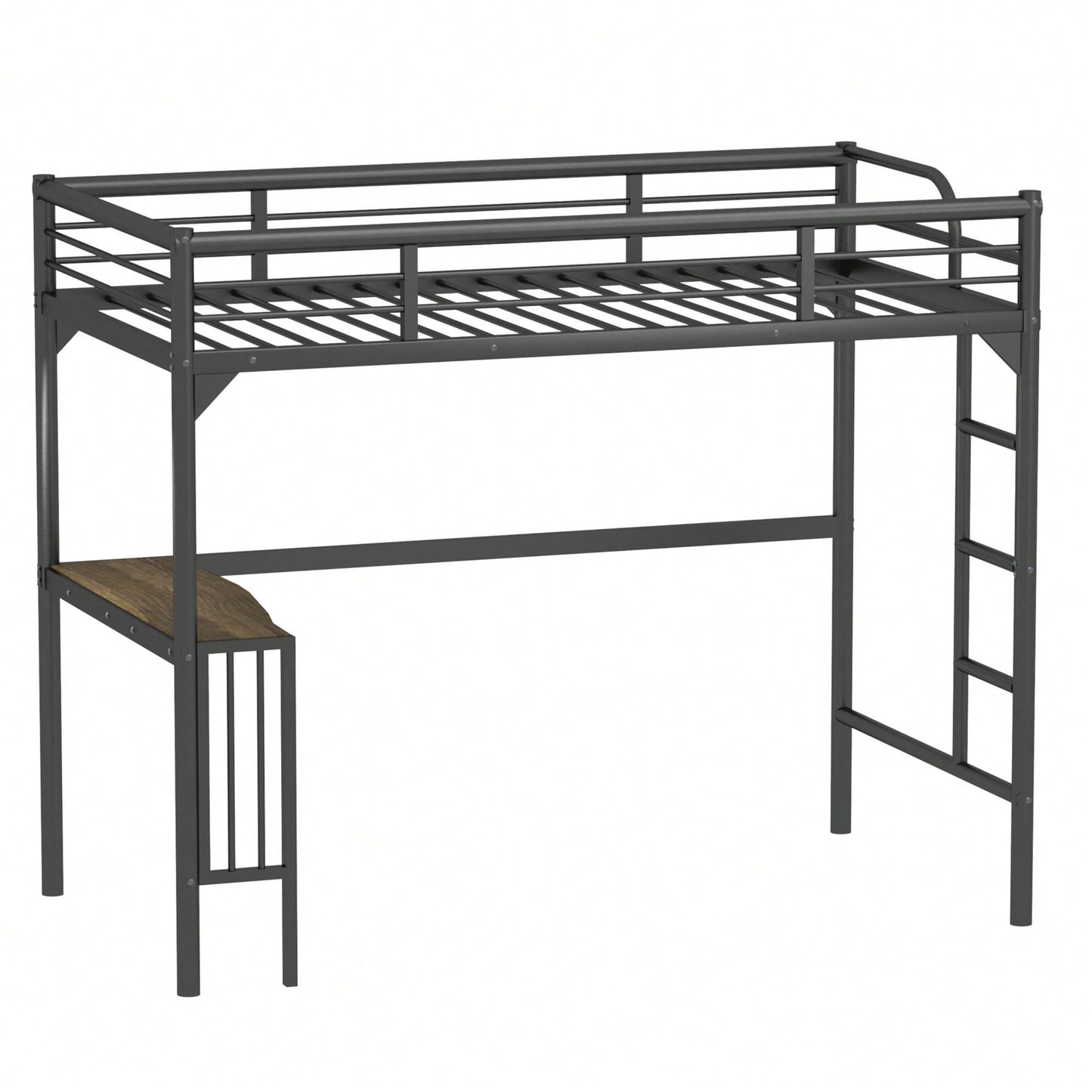 Loft Bed With Desk And Ladder, Silver Finish, Space-Saving Design With Guardrails And Under-Bed Book Desk