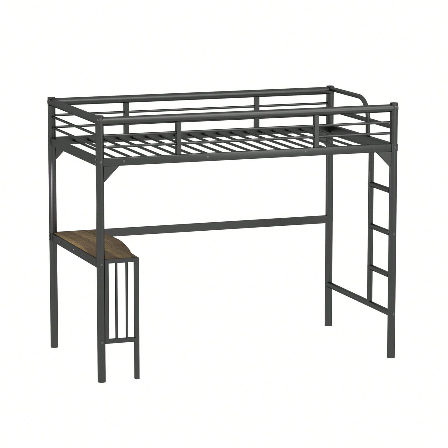 Loft Bed With Desk And Ladder, Silver Finish, Space-Saving Design With Guardrails And Under-Bed Book Desk