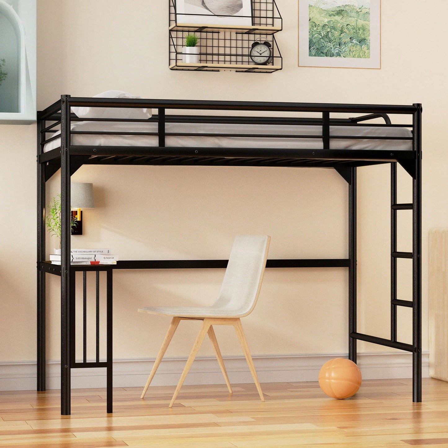 Loft Bed With Desk And Ladder, Silver Finish, Space-Saving Design With Guardrails And Under-Bed Book Desk
