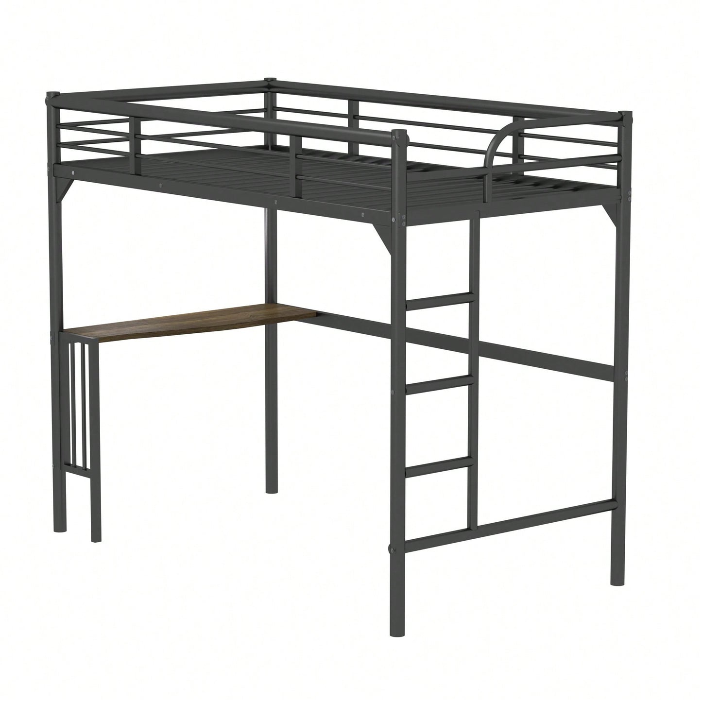 Loft Bed With Desk And Ladder, Silver Finish, Space-Saving Design With Guardrails And Under-Bed Book Desk