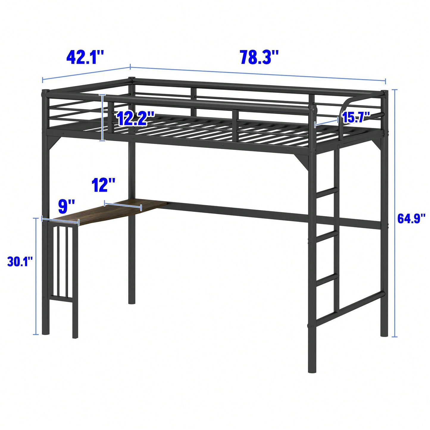 Loft Bed With Desk And Ladder, Silver Finish, Space-Saving Design With Guardrails And Under-Bed Book Desk