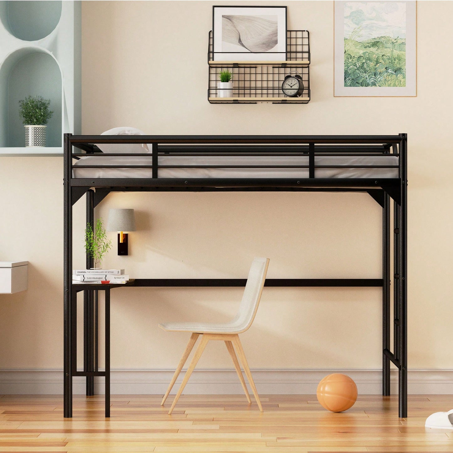 Loft Bed With Desk And Ladder, Silver Finish, Space-Saving Design With Guardrails And Under-Bed Book Desk
