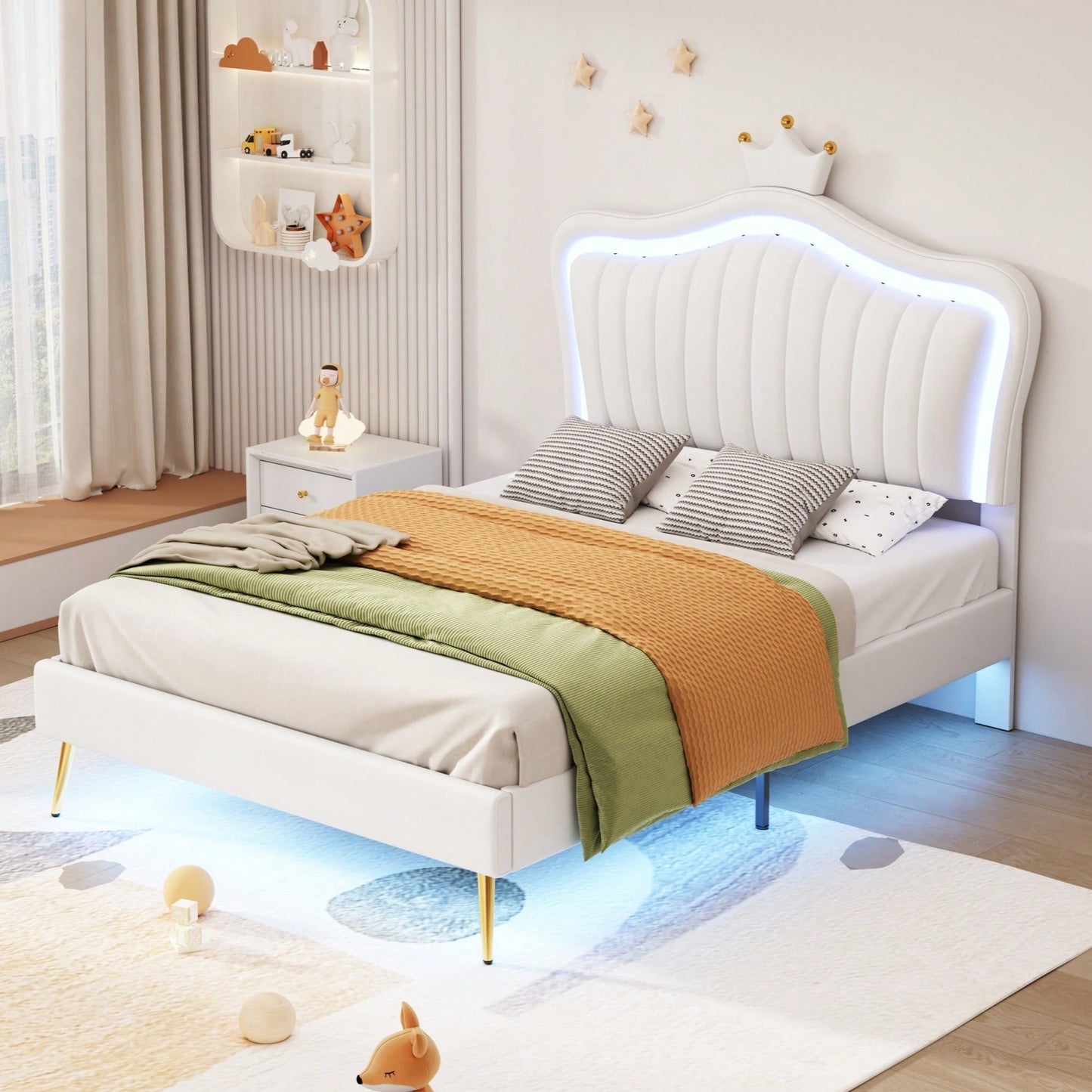 Modern Twin Size Upholstered Bed Frame With LED Lights And Crown Headboard In White And Pink