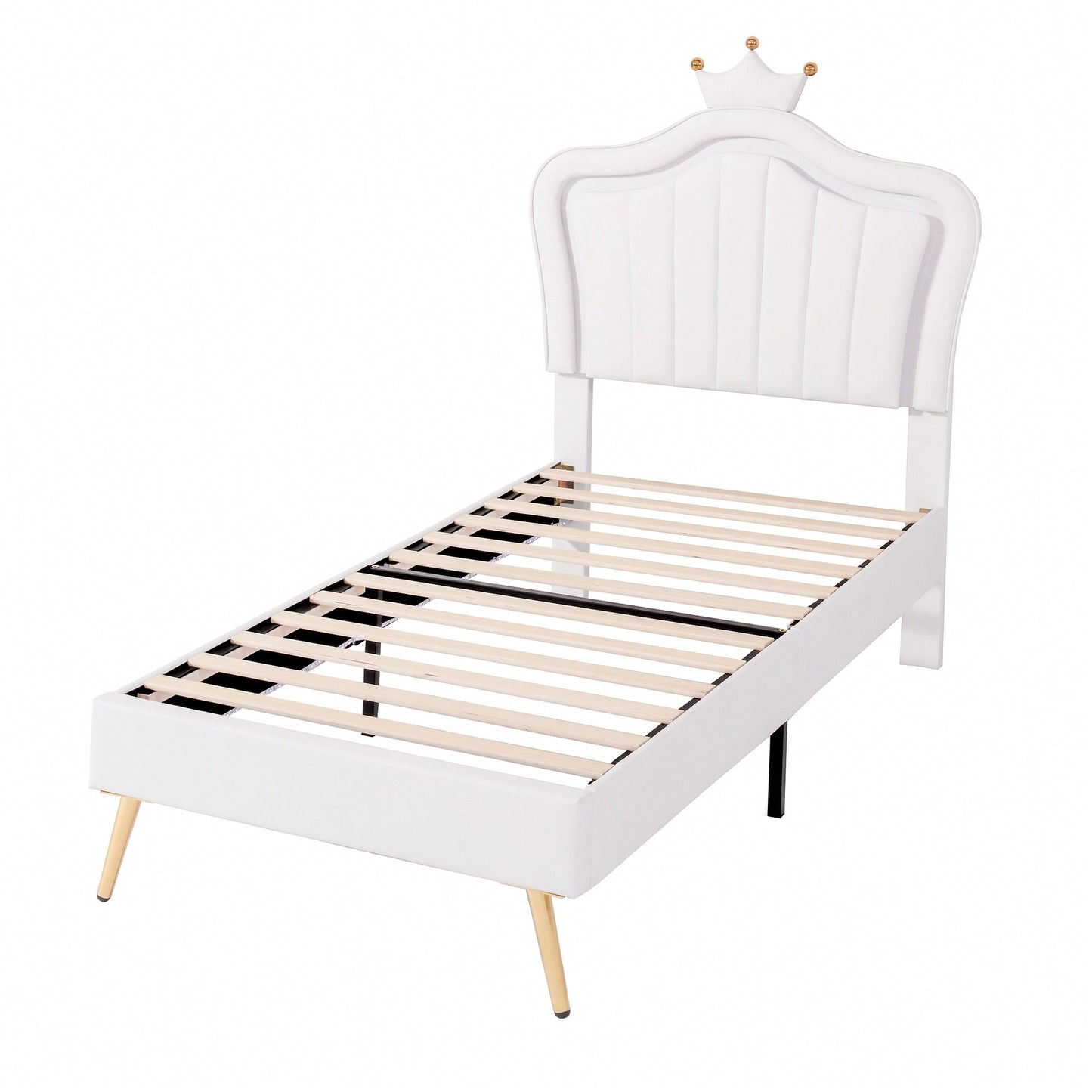 Modern Twin Size Upholstered Bed Frame With LED Lights And Crown Headboard In White And Pink