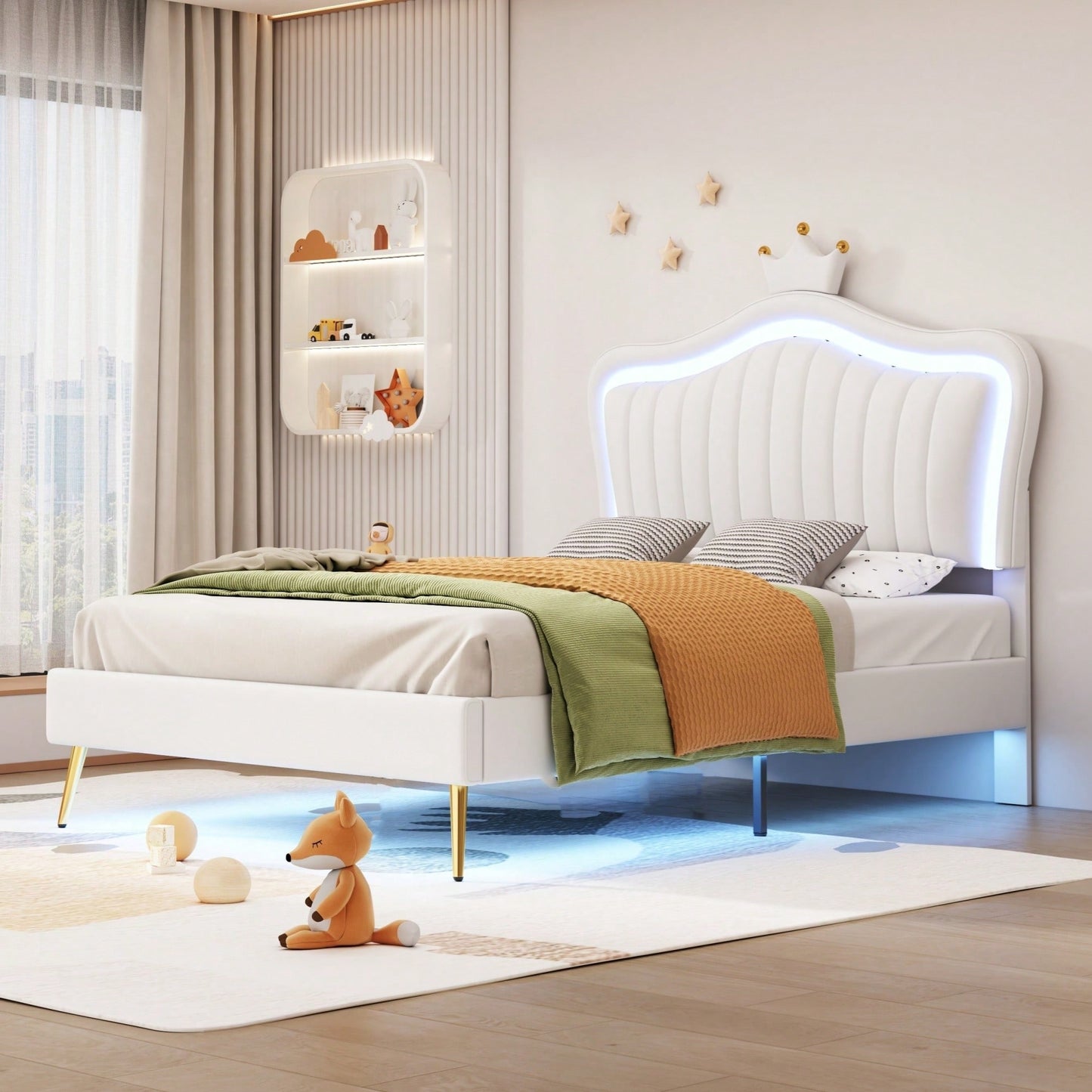 Modern Twin Size Upholstered Bed Frame With LED Lights And Crown Headboard In White And Pink