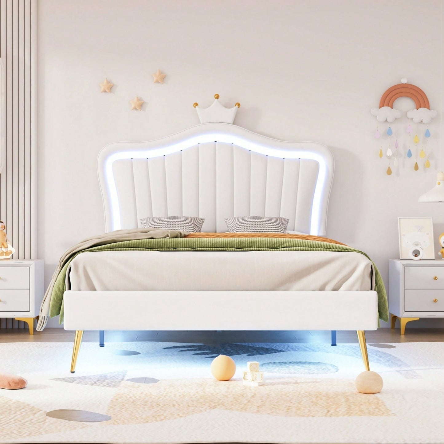 Modern Twin Size Upholstered Bed Frame With LED Lights And Crown Headboard In White And Pink