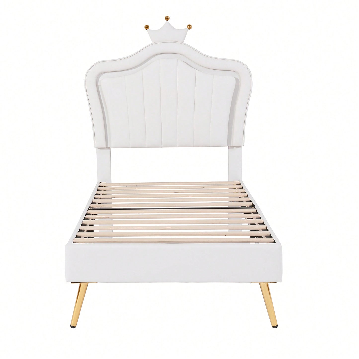 Modern Twin Size Upholstered Bed Frame With LED Lights And Crown Headboard In White And Pink