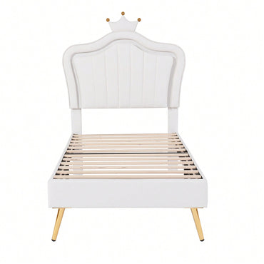 Modern Twin Size Upholstered Bed Frame With LED Lights And Crown Headboard In White And Pink