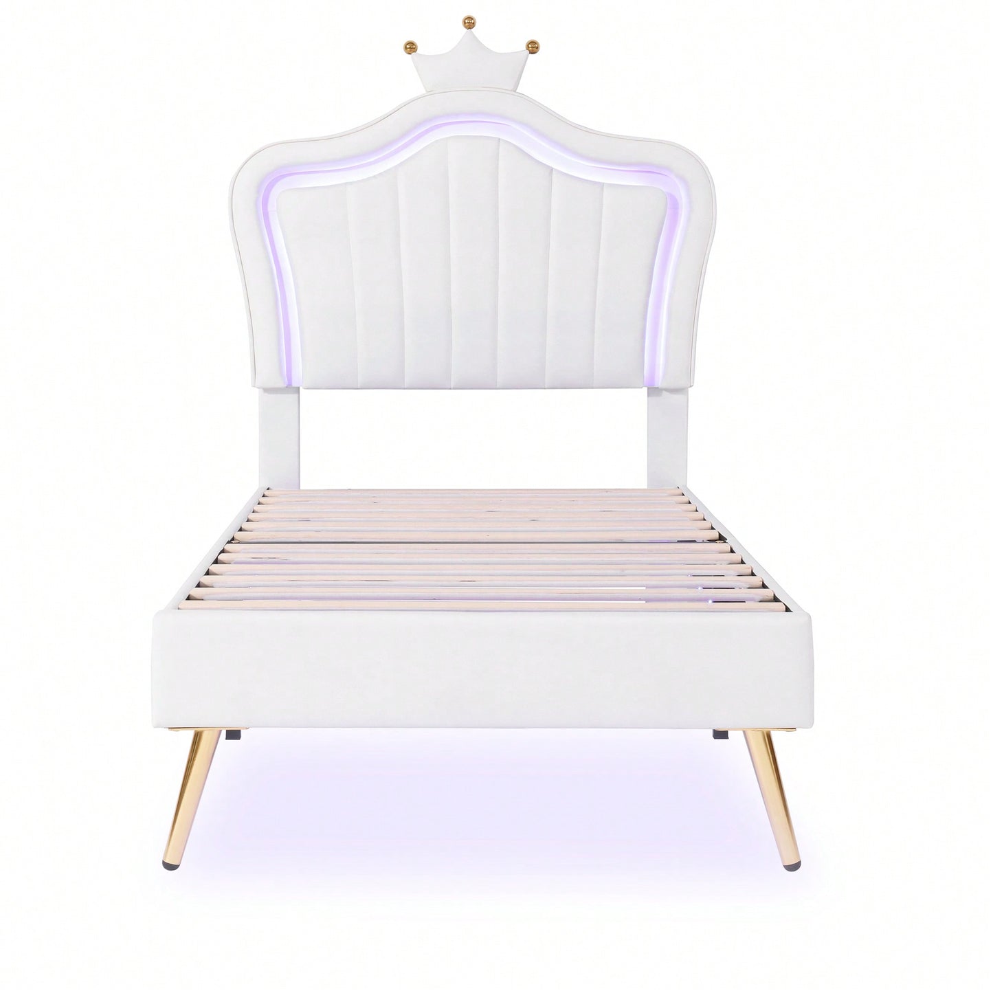 Modern Twin Size Upholstered Bed Frame With LED Lights And Crown Headboard In White And Pink