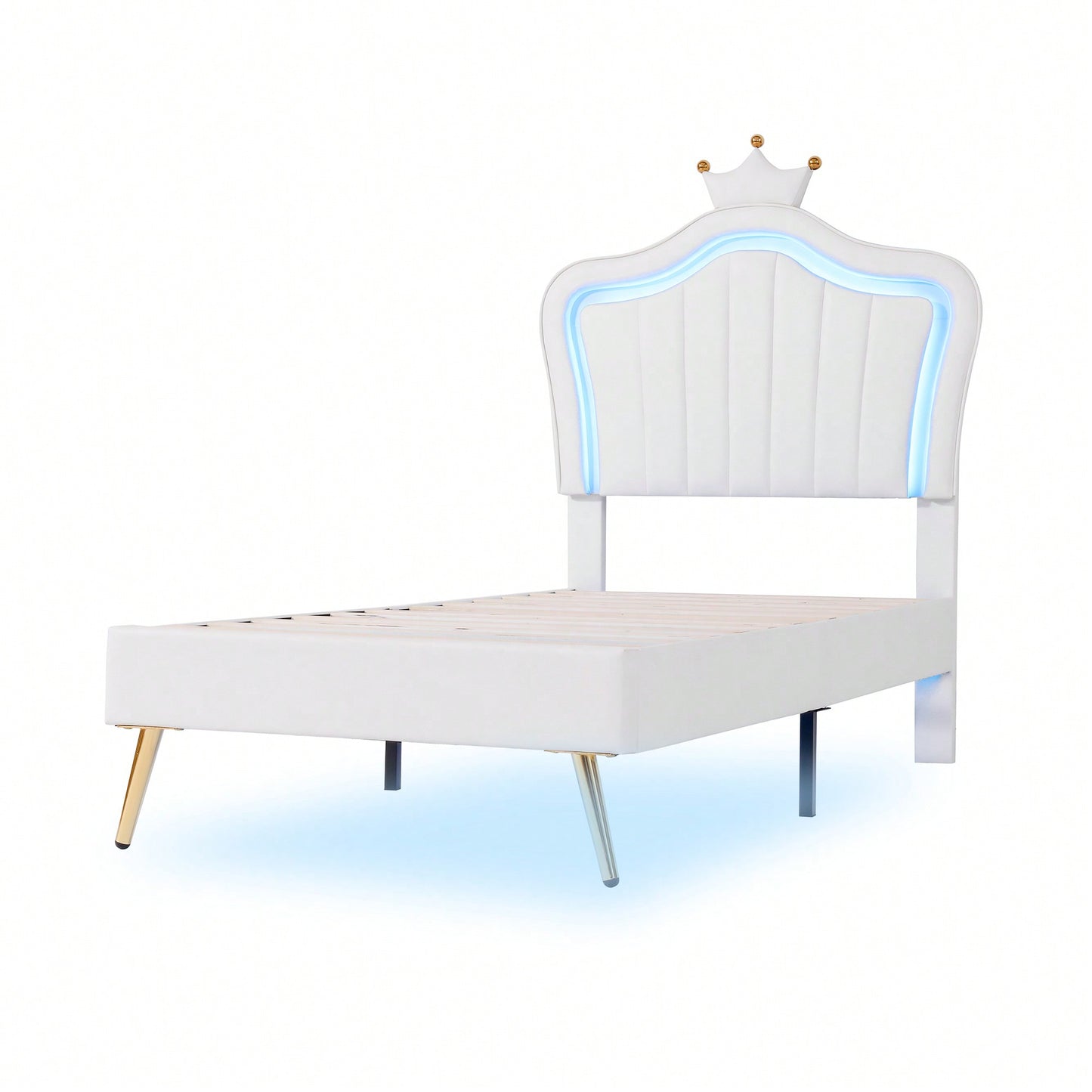 Modern Twin Size Upholstered Bed Frame With LED Lights And Crown Headboard In White And Pink