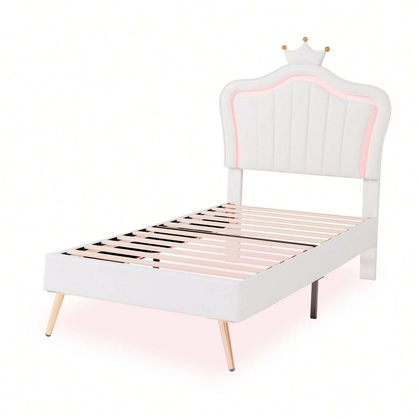 Modern Twin Size Upholstered Bed Frame With LED Lights And Crown Headboard In White And Pink