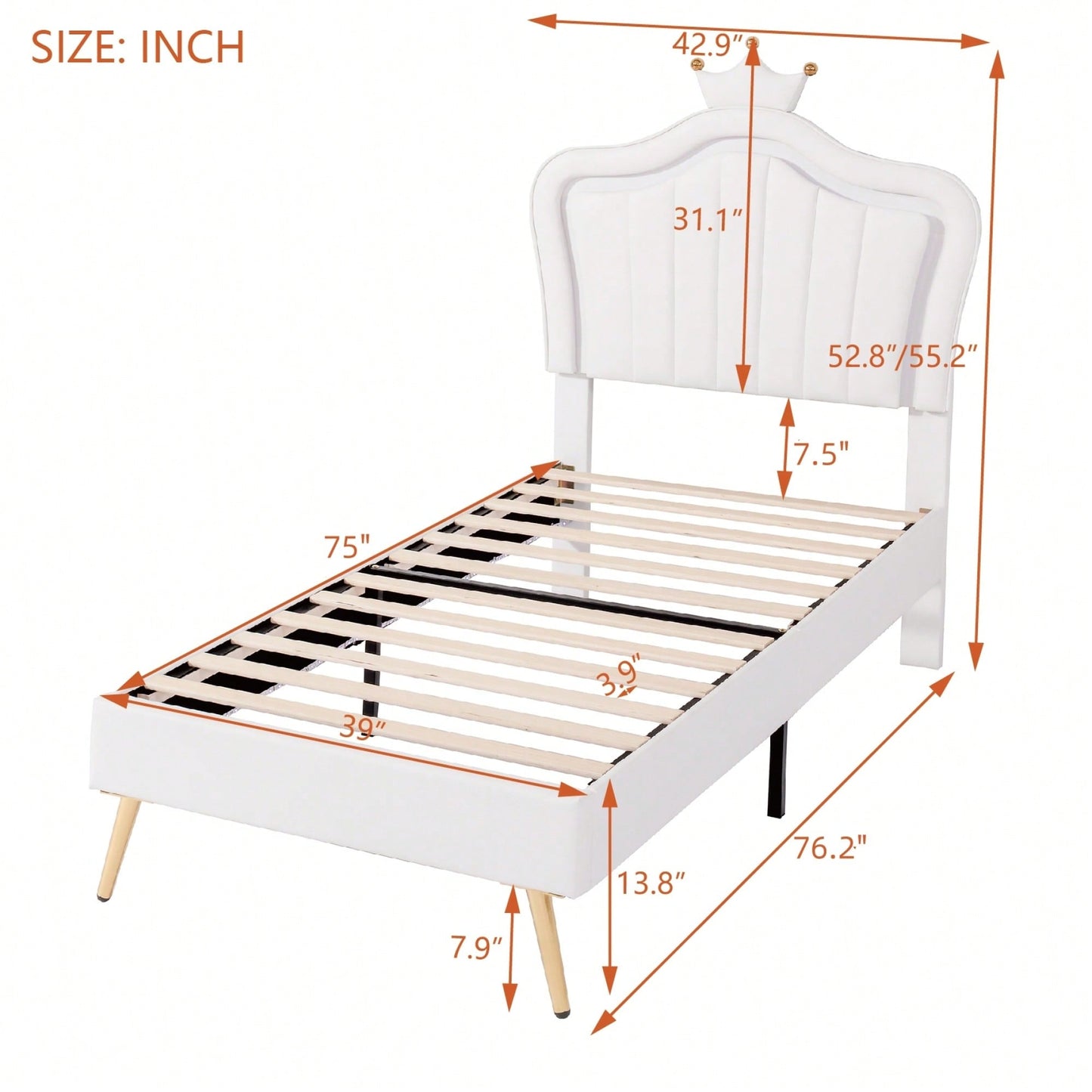 Modern Twin Size Upholstered Bed Frame With LED Lights And Crown Headboard In White And Pink