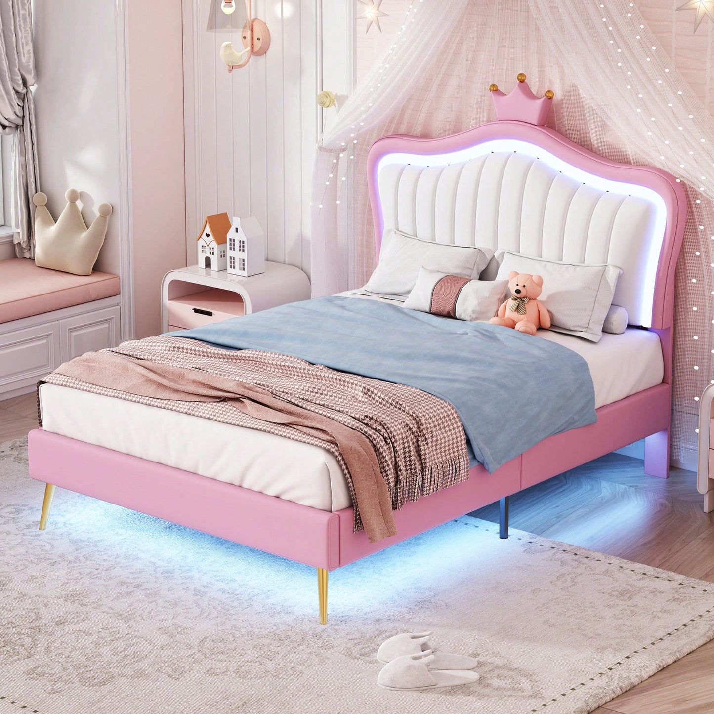 Modern Twin Size Upholstered Bed Frame With LED Lights And Crown Headboard In White And Pink