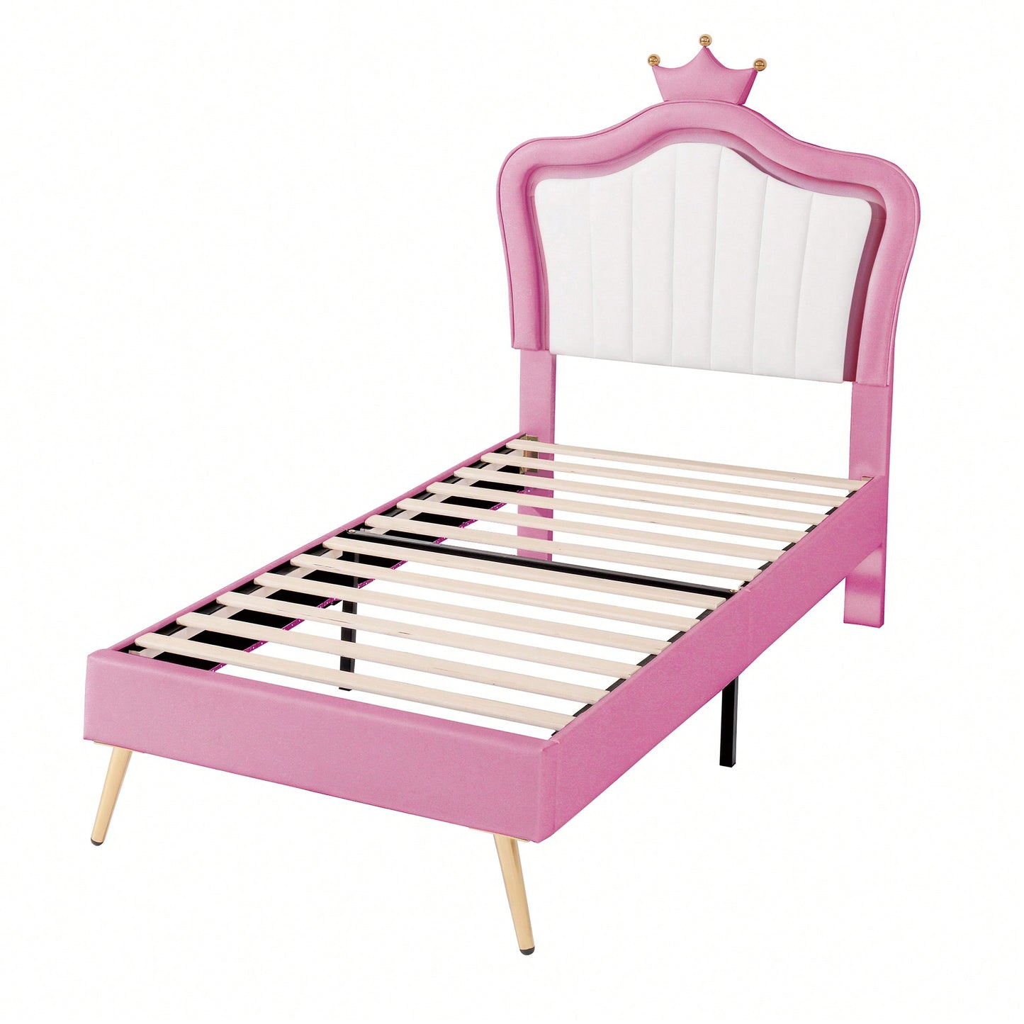 Modern Twin Size Upholstered Bed Frame With LED Lights And Crown Headboard In White And Pink