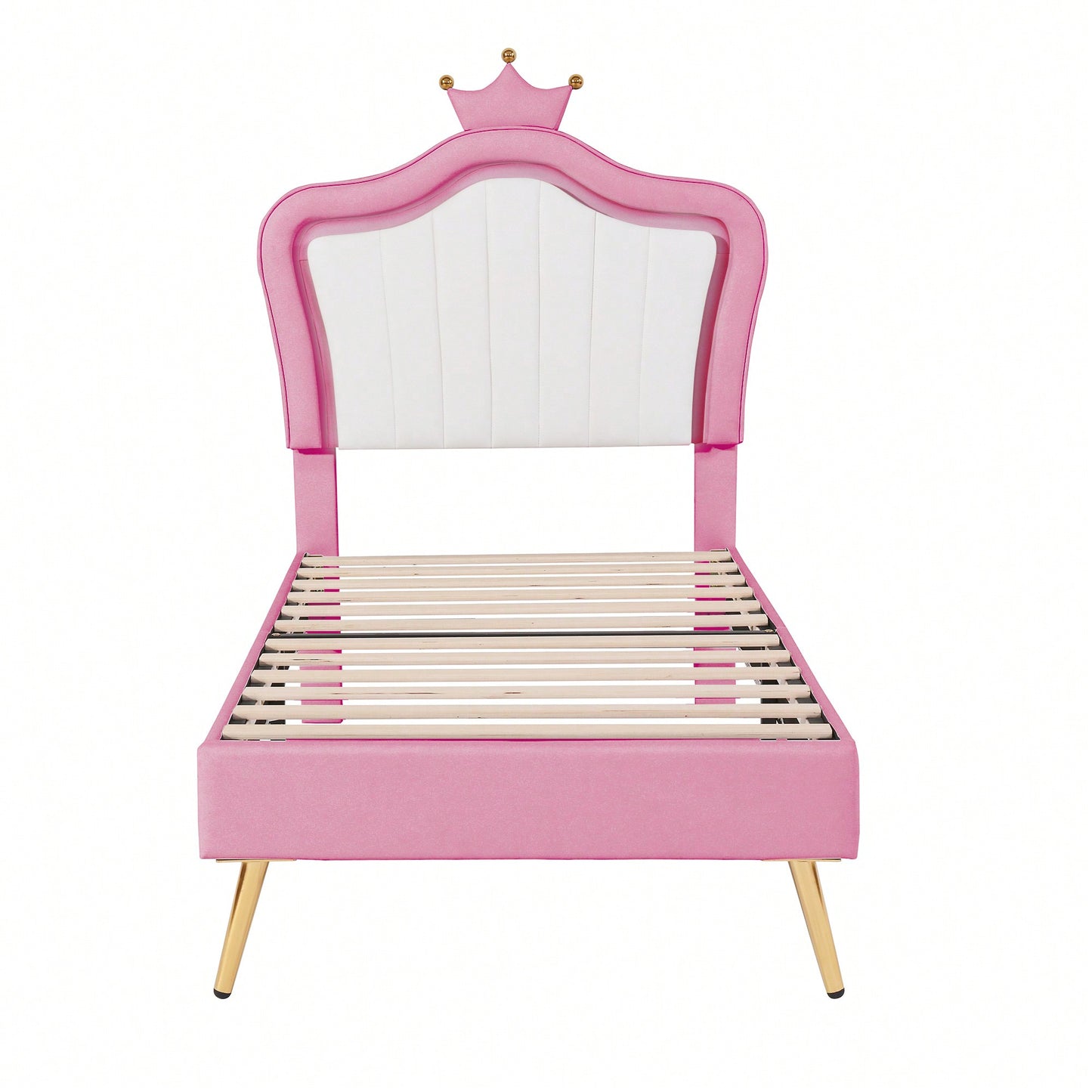 Modern Twin Size Upholstered Bed Frame With LED Lights And Crown Headboard In White And Pink