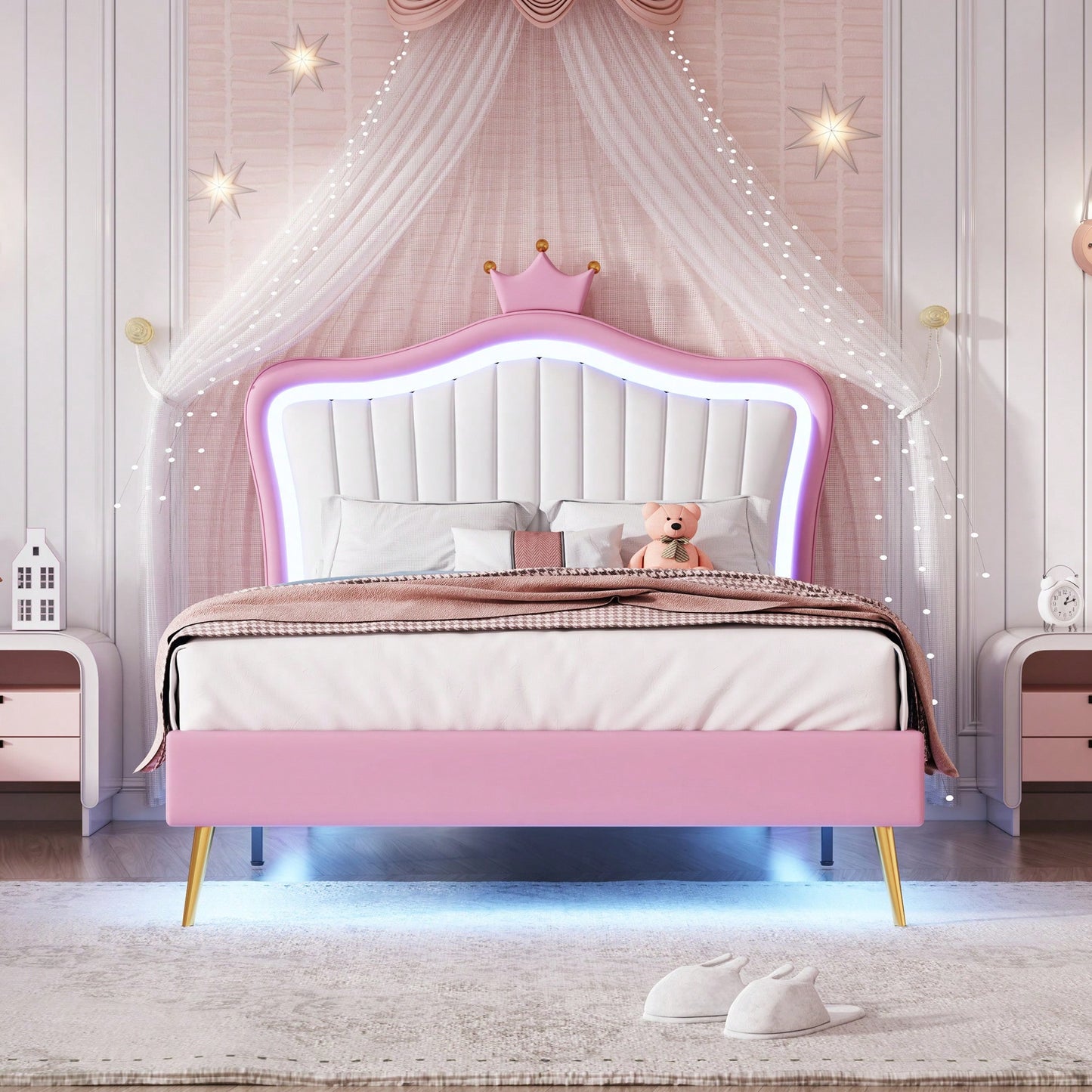 Modern Twin Size Upholstered Bed Frame With LED Lights And Crown Headboard In White And Pink