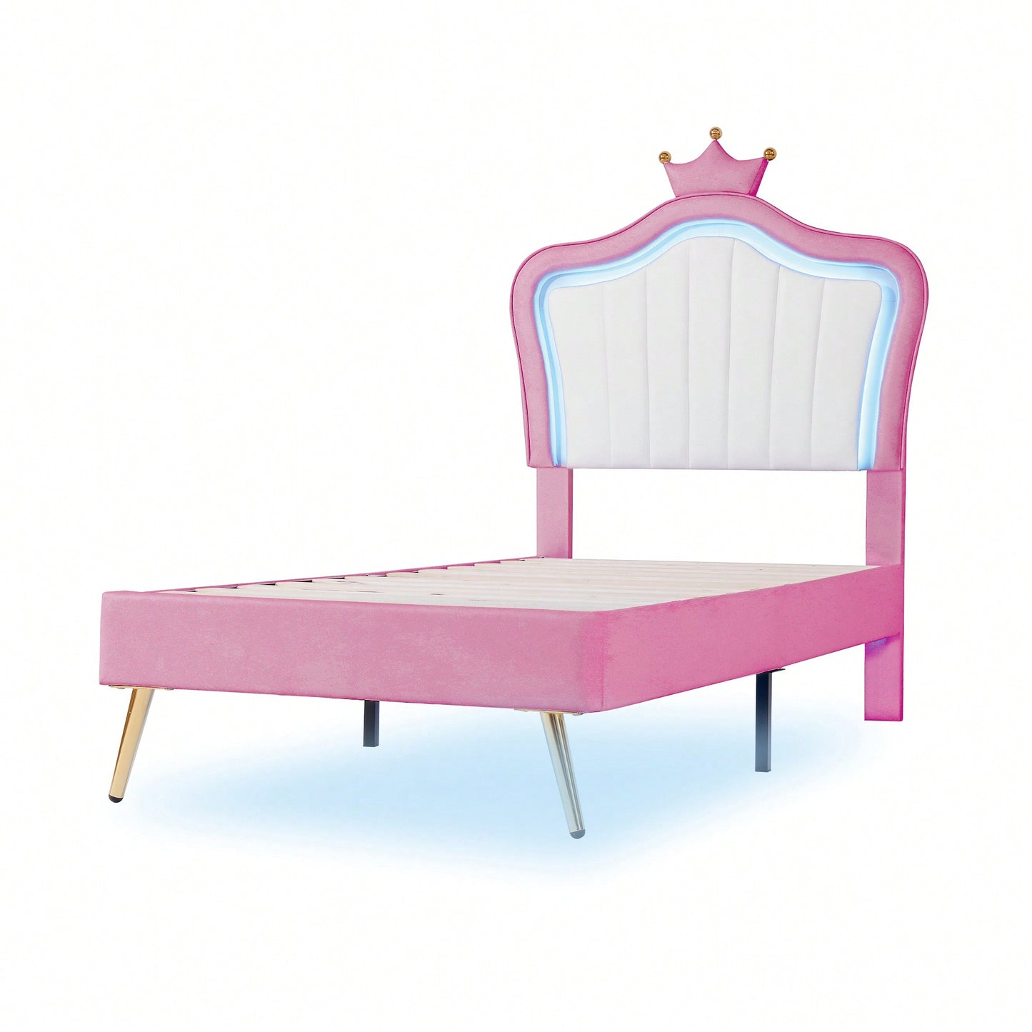 Modern Twin Size Upholstered Bed Frame With LED Lights And Crown Headboard In White And Pink