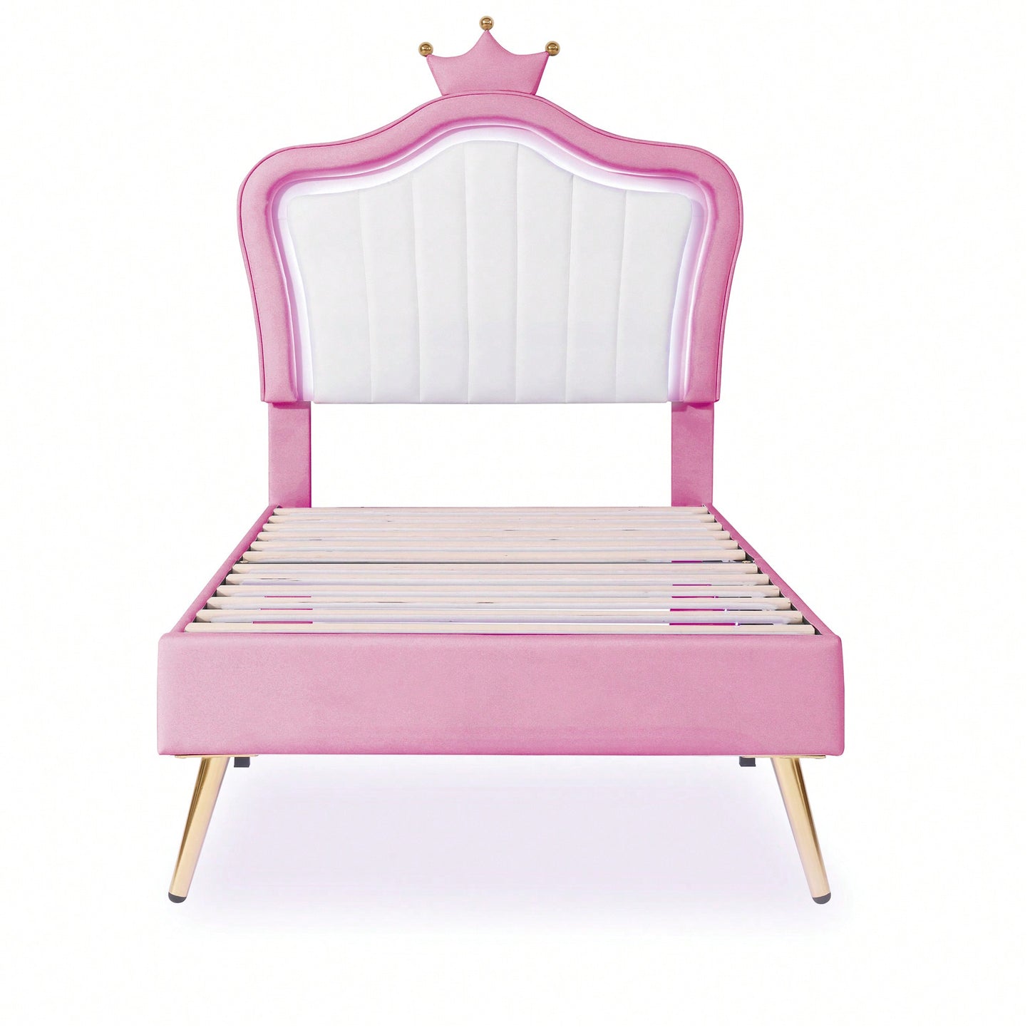 Modern Twin Size Upholstered Bed Frame With LED Lights And Crown Headboard In White And Pink