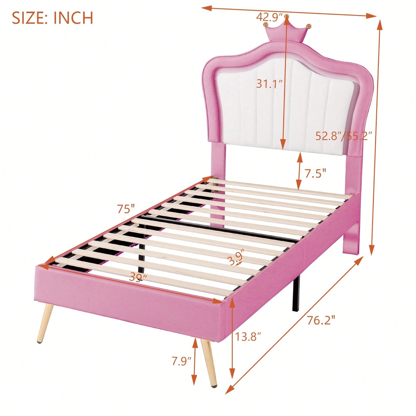 Modern Twin Size Upholstered Bed Frame With LED Lights And Crown Headboard In White And Pink