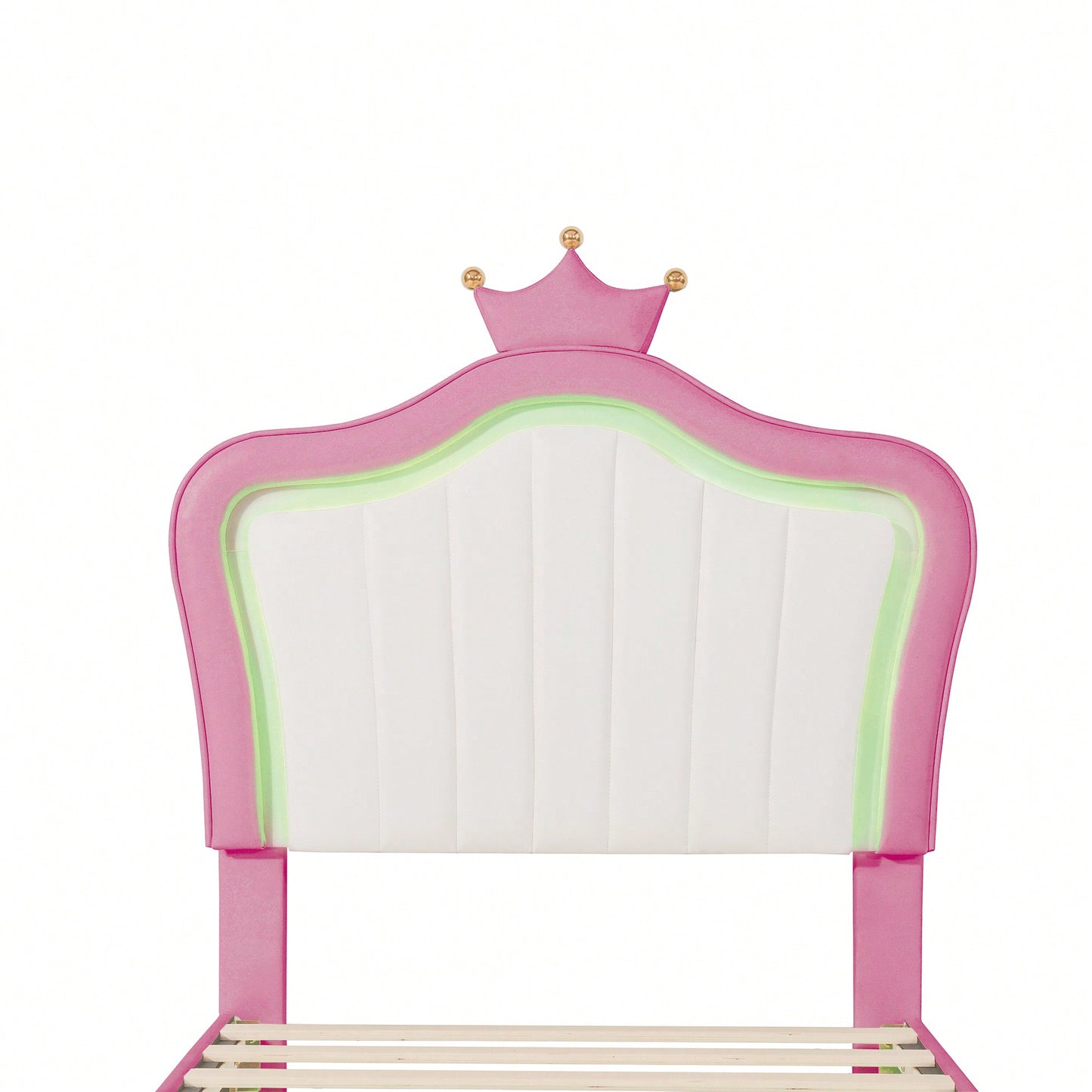 Modern Twin Size Upholstered Bed Frame With LED Lights And Crown Headboard In White And Pink