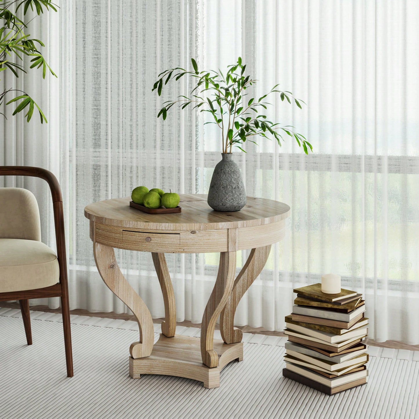 Curved Legs Small Round Dining Table For Kitchen Or Living Room Natural Wood Grain Distressed Finish