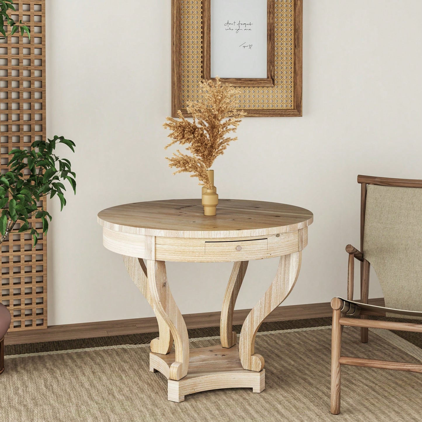 Curved Legs Small Round Dining Table For Kitchen Or Living Room Natural Wood Grain Distressed Finish