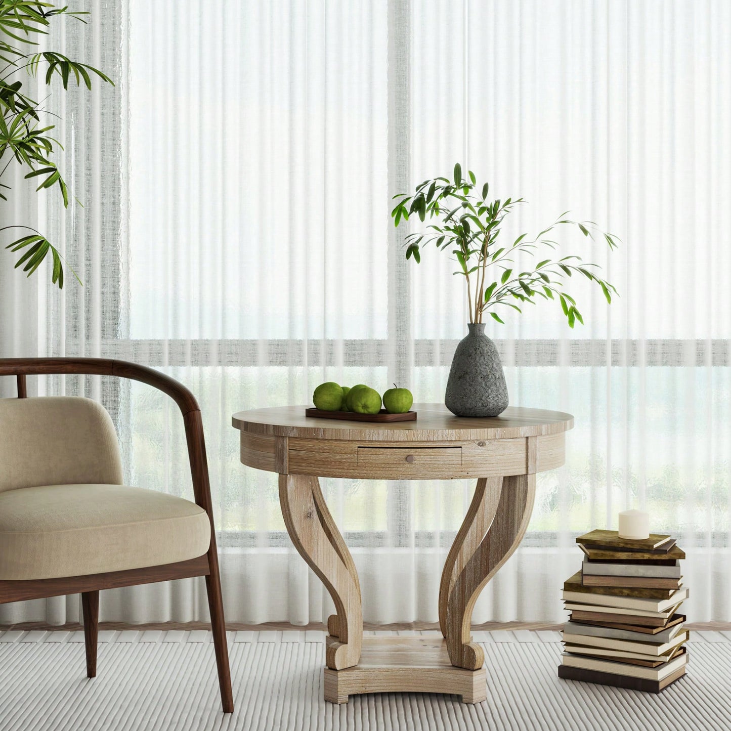 Curved Legs Small Round Dining Table For Kitchen Or Living Room Natural Wood Grain Distressed Finish
