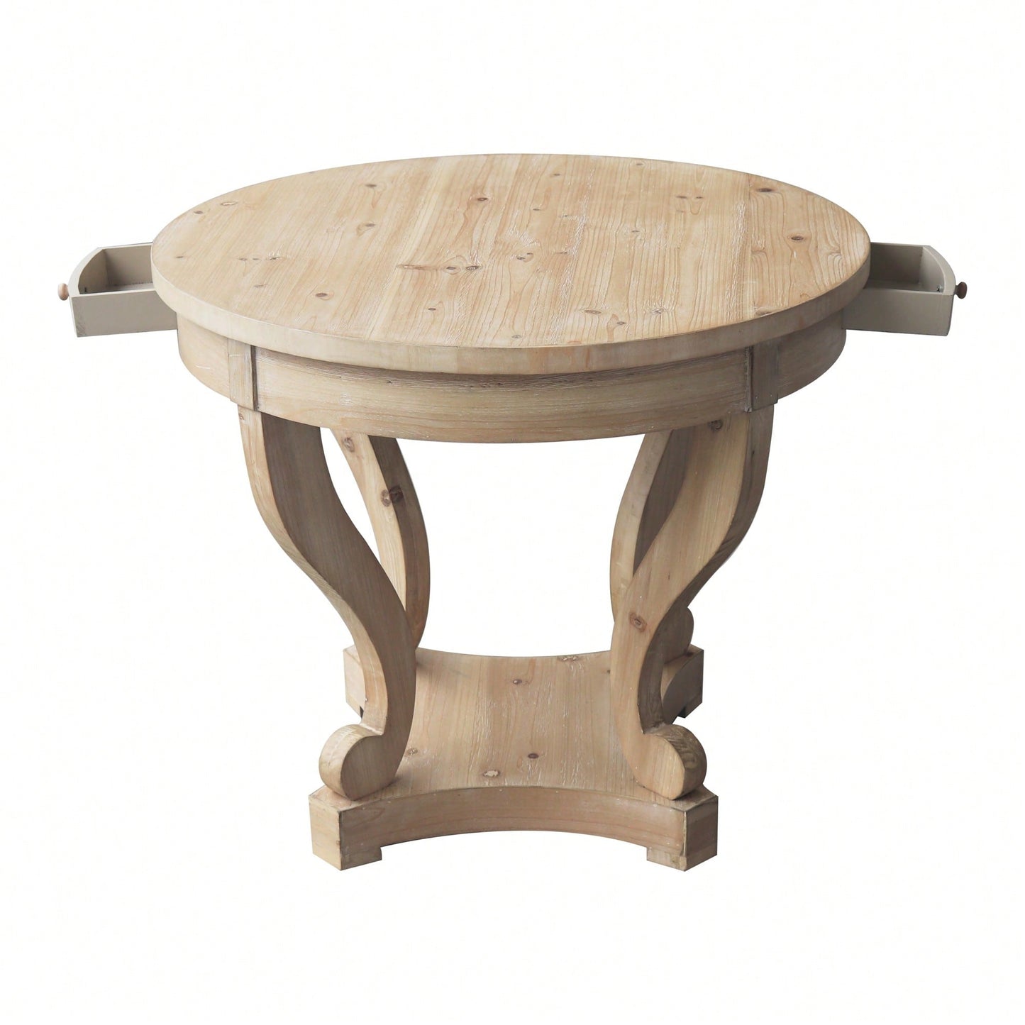 Curved Legs Small Round Dining Table For Kitchen Or Living Room Natural Wood Grain Distressed Finish