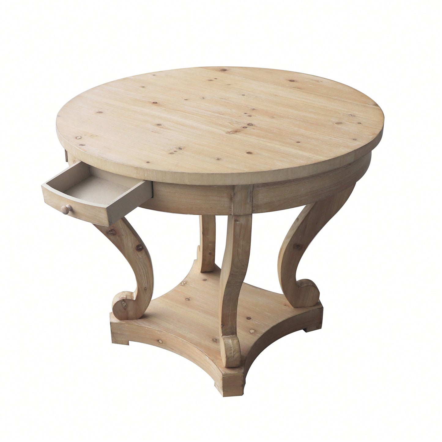 Curved Legs Small Round Dining Table For Kitchen Or Living Room Natural Wood Grain Distressed Finish