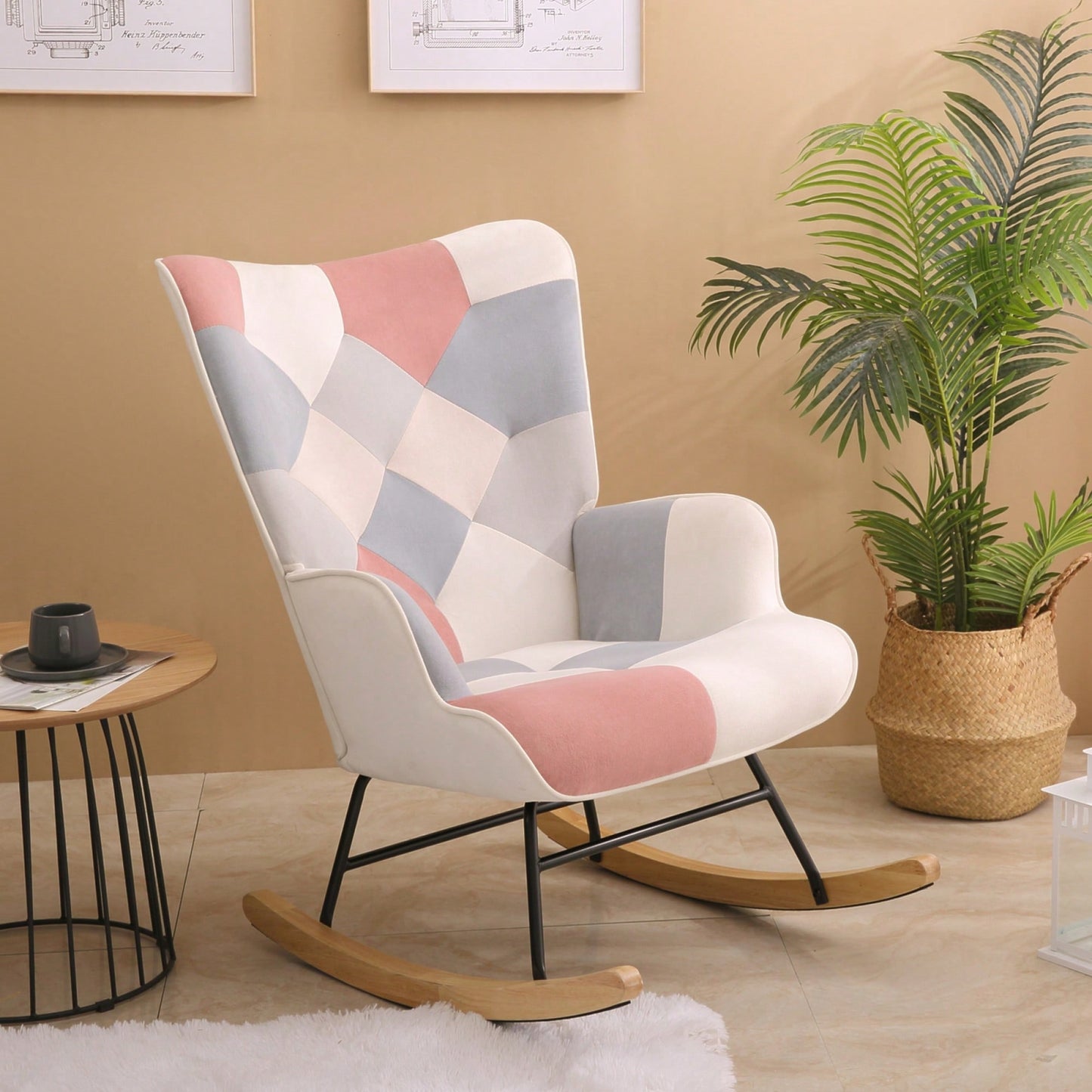 Mid Century Modern Fabric Rocking Chair With Wood Legs And Patchwork Linen For Living Room And Bedroom