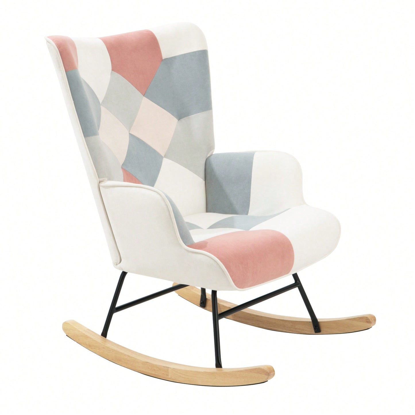 Mid Century Modern Fabric Rocking Chair With Wood Legs And Patchwork Linen For Living Room And Bedroom