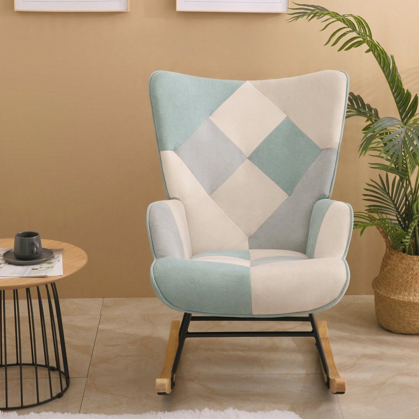Mid Century Modern Fabric Rocking Chair With Wood Legs And Patchwork Linen For Living Room And Bedroom