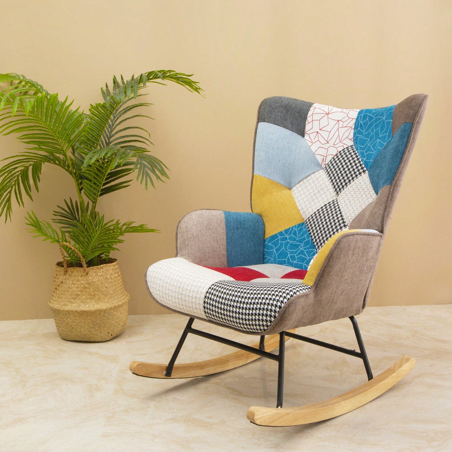 Mid Century Modern Fabric Rocking Chair With Wood Legs And Patchwork Linen For Living Room And Bedroom