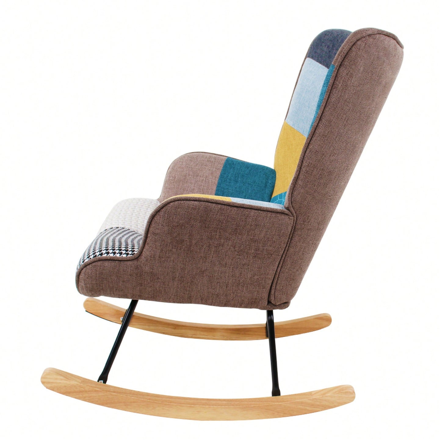 Mid Century Modern Fabric Rocking Chair With Wood Legs And Patchwork Linen For Living Room And Bedroom