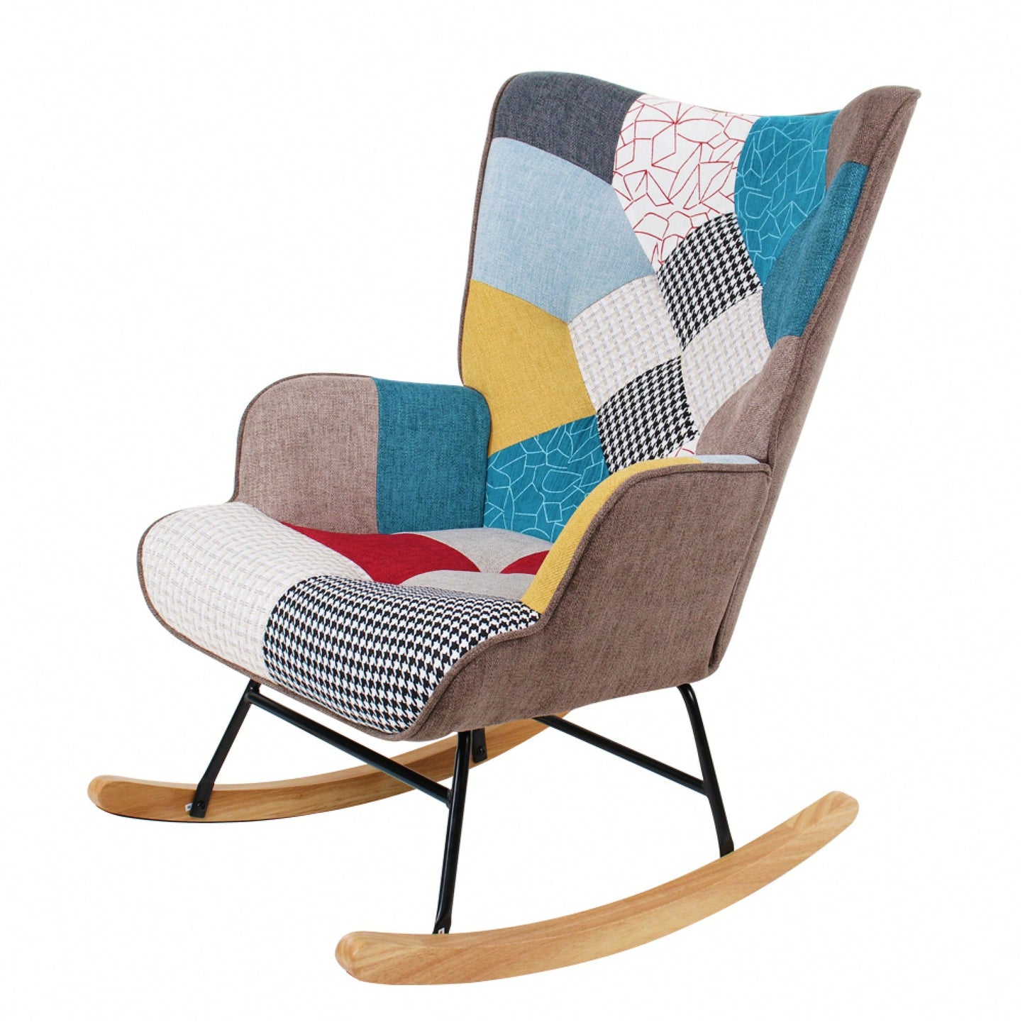Mid Century Modern Fabric Rocking Chair With Wood Legs And Patchwork Linen For Living Room And Bedroom