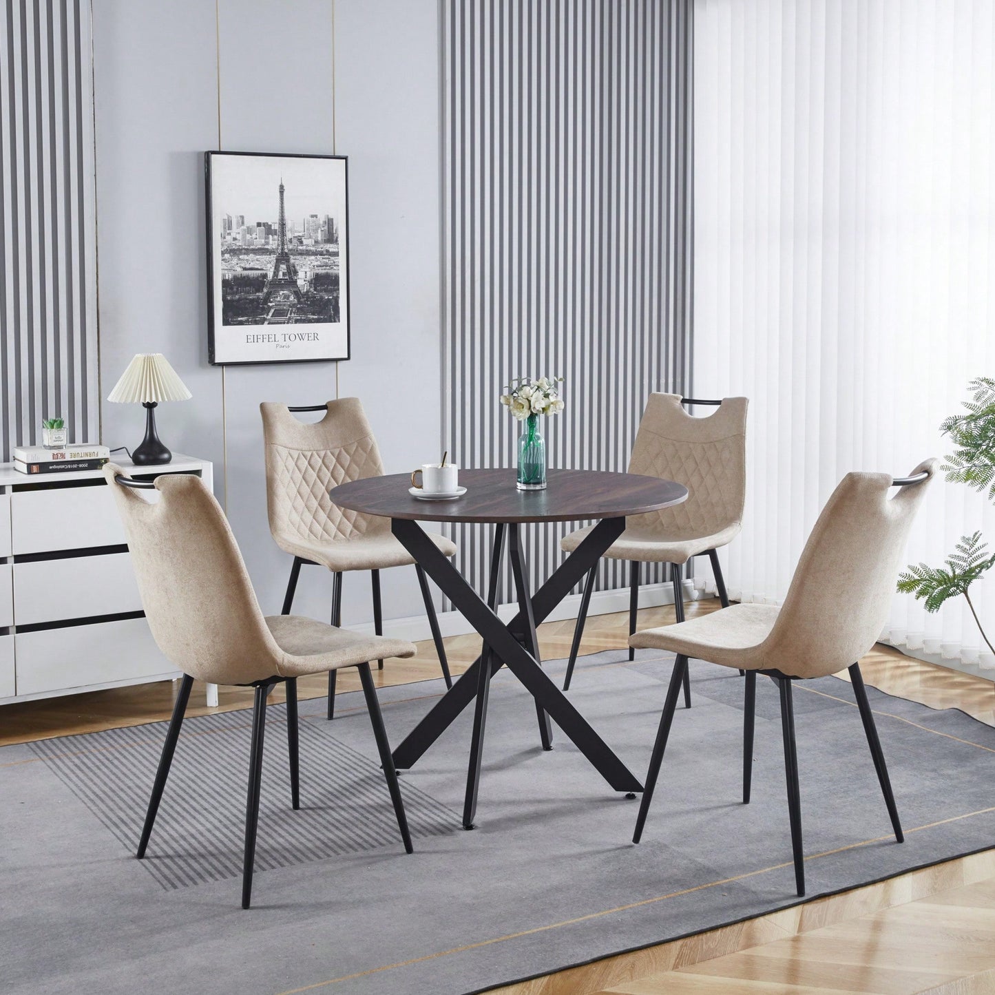 Modern Round Dining Table With Cross Metal Legs And Oak MDF Top Space Saving Design 90x90x75cm For Living Room And Kitchen