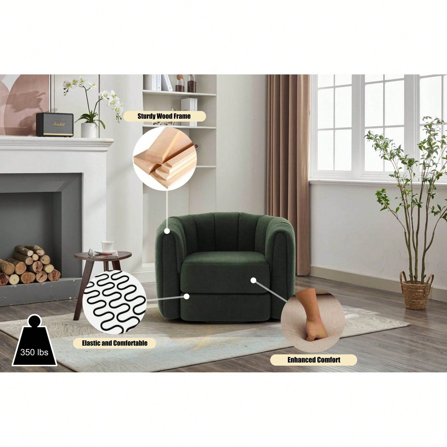 Comfy Swivel Accent Chair For Living Room With Wood Base And Wide Upholstered Seat