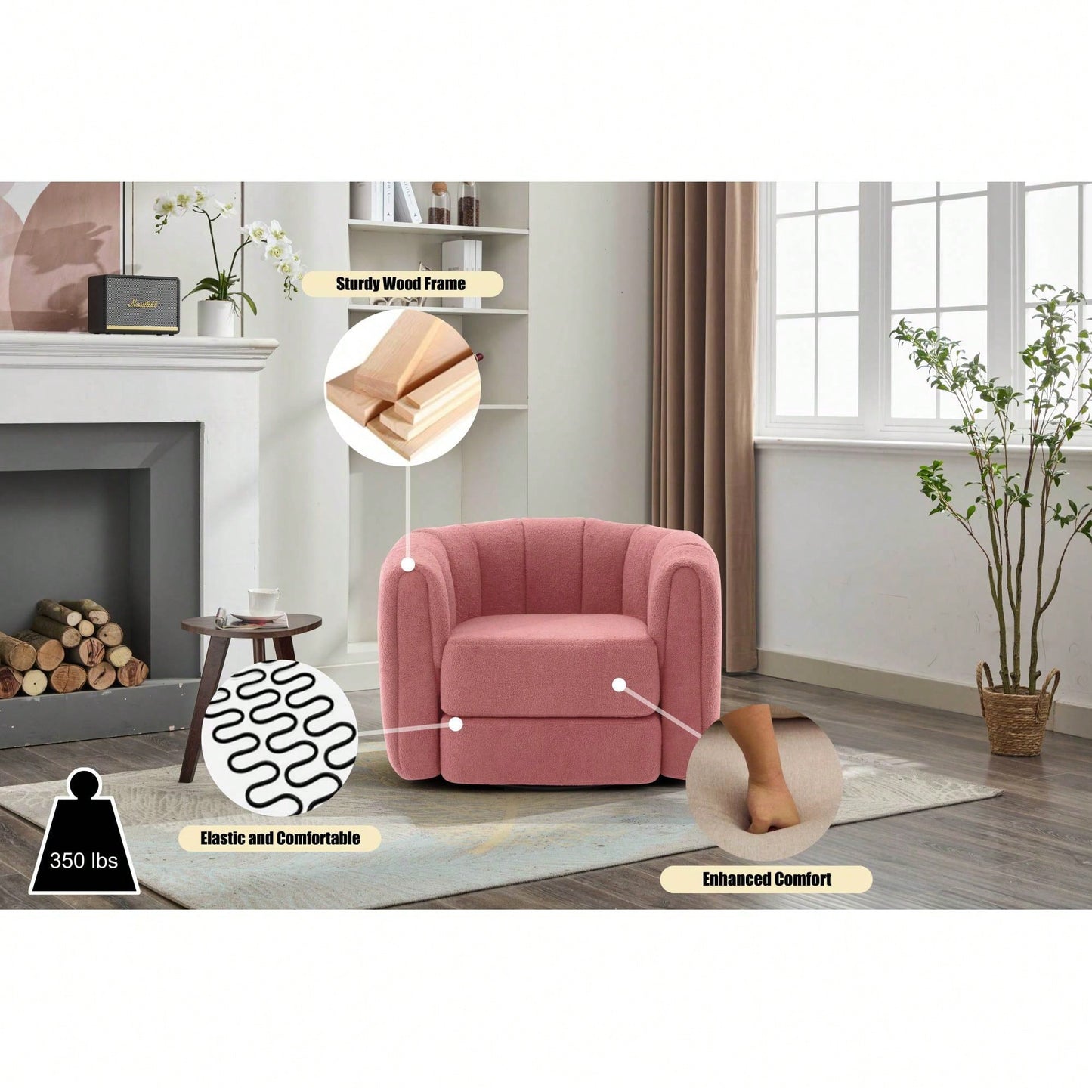 Comfy Swivel Accent Chair For Living Room With Wood Base And Wide Upholstered Seat