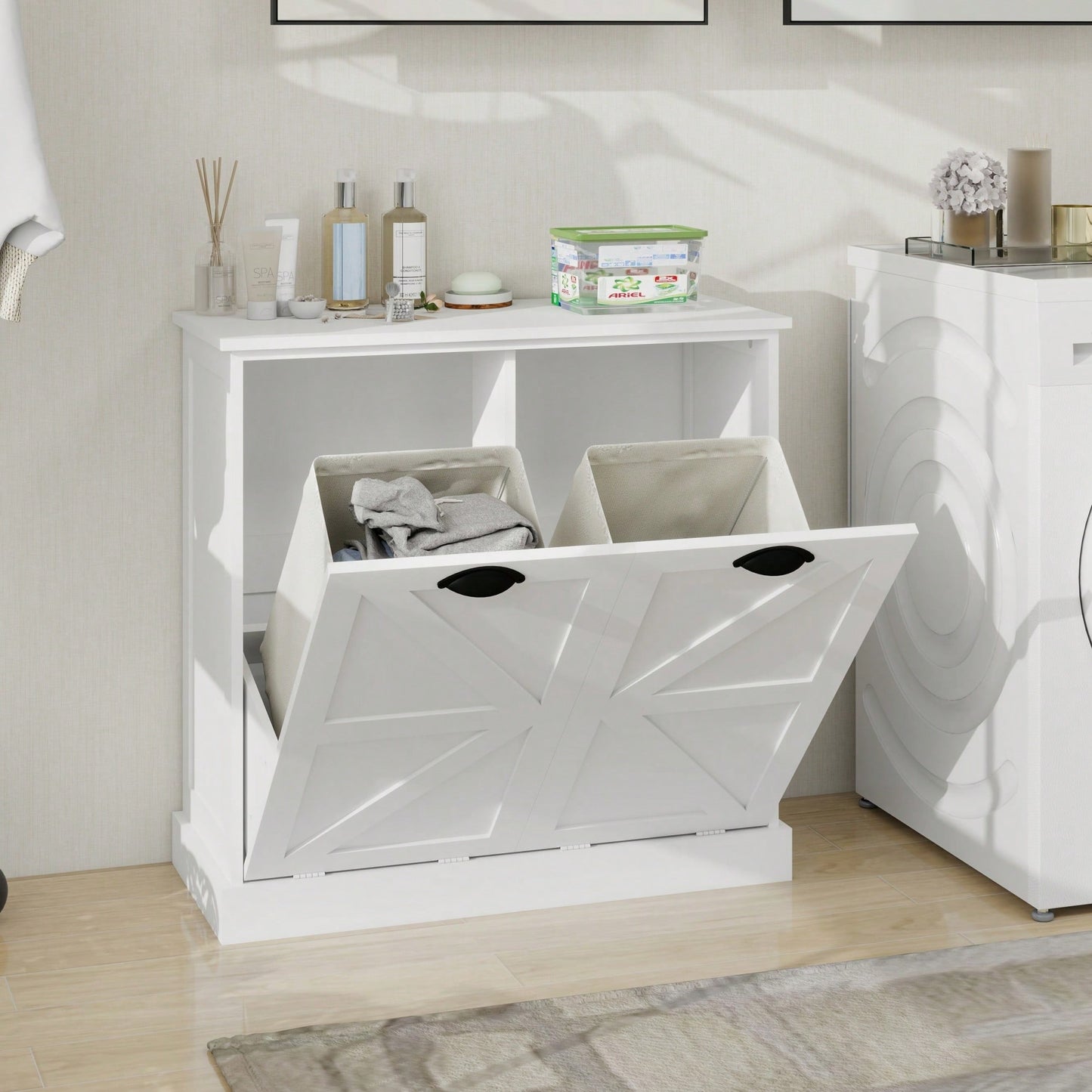 White Two-Compartment Tilt-Out Laundry Sorter Cabinet For Efficient Organization