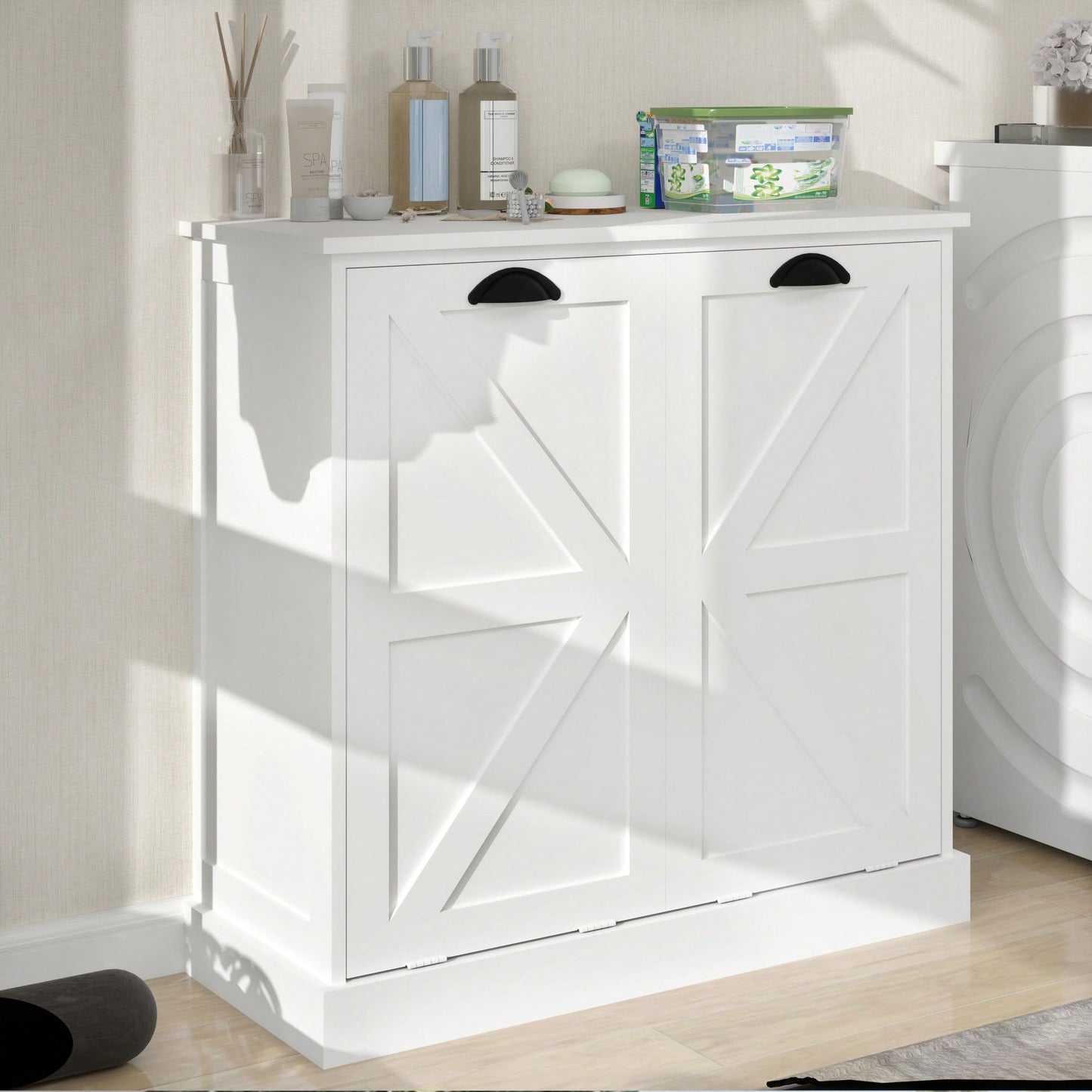 White Two-Compartment Tilt-Out Laundry Sorter Cabinet For Efficient Organization
