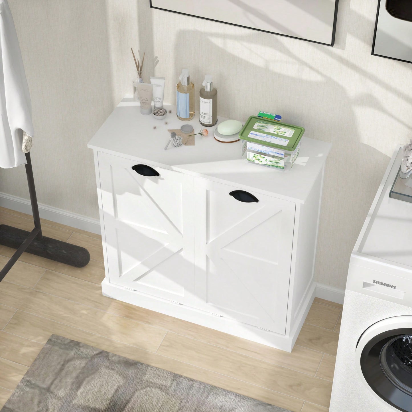 White Two-Compartment Tilt-Out Laundry Sorter Cabinet For Efficient Organization